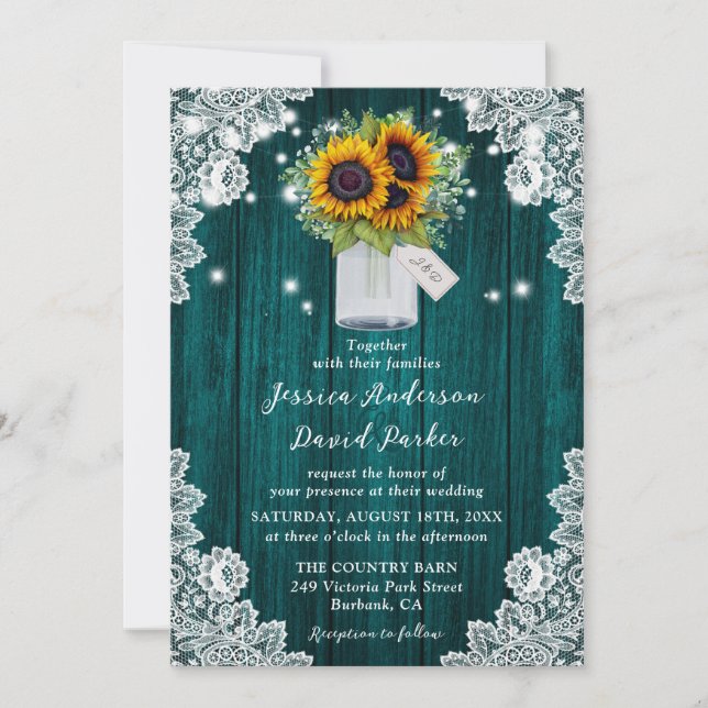 Invitación Boda verde azulado de Sunflower Wood Lace Mason Ja (Anverso)