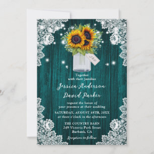 Invitación Boda verde azulado de Sunflower Wood Lace Mason Ja