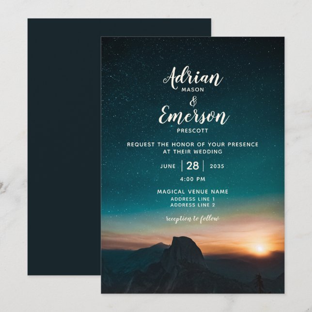 Invitación Boda Verde azulado de Sunrise Night Sky Mountain M (Anverso / Reverso)