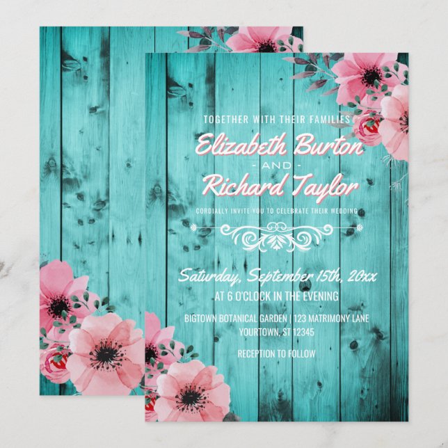 Invitación Boda Verde azulado del Boho floral rosa de madera  (Anverso / Reverso)