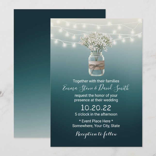 Invitación Boda Verde azulado elegante con flores de aliento  (Anverso / Reverso)