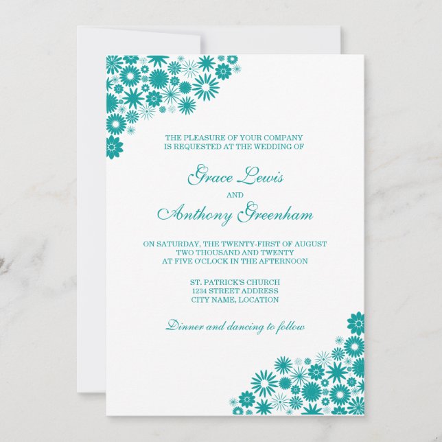 Invitación Boda Verde azulado floral de bonito (Anverso)