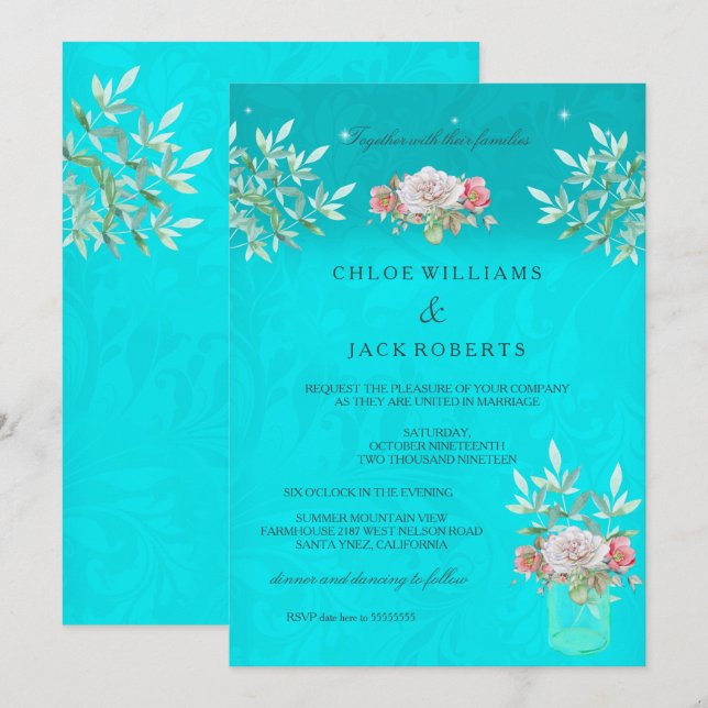 Invitación Boda Verde azulado Floral Mason Jar Rosa Blanca Ro (Anverso / Reverso)