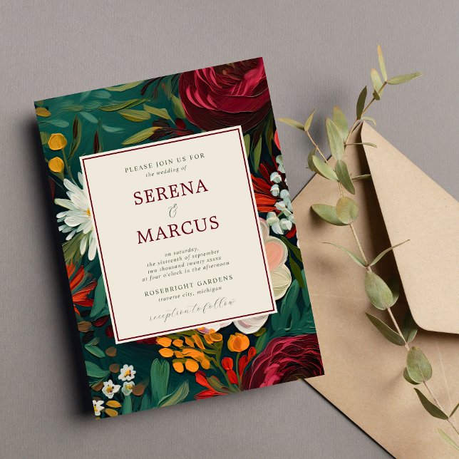 Invitación Boda Verde azulado floral oscuro borgoña pintada (Subido por el creador)