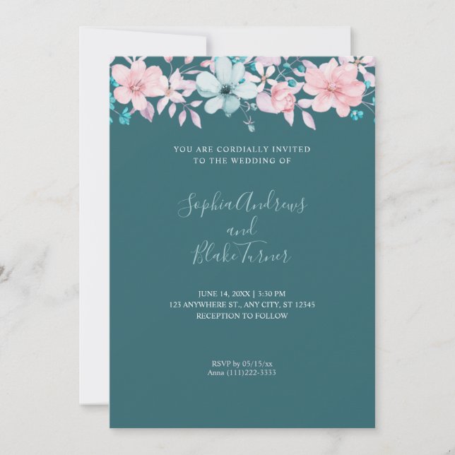 Invitación Boda Verde azulado floral rosa y azul de bonito (Anverso)