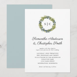 Invitación Boda Verde azulado ligero de monograma de humedad 