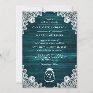 Invitación Boda verde azulado Mason Jar Floral Lace Rustic Wo