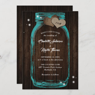 Invitación Boda verde azulado Mason Jar Rustic Wood