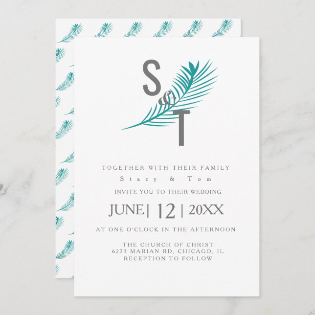Invitación Boda Verde azulado moderno de hojas de palma tropi (Anverso / Reverso)