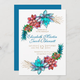 Invitación Boda verde azulado profundo y suculento de color d