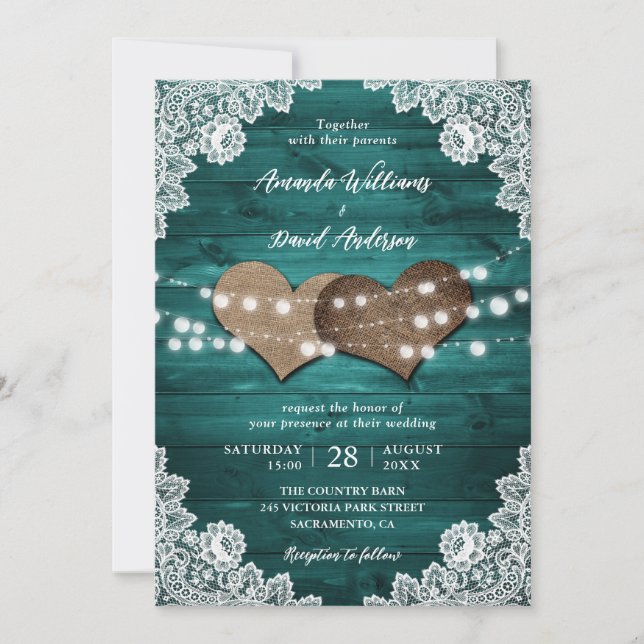 Invitación Boda verde azulado Rústico Burlap Lace String Ligh (Anverso)
