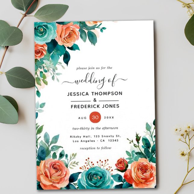 Invitación Boda Verde azulado Rústico Coral Floral Tropical (Subido por el creador)