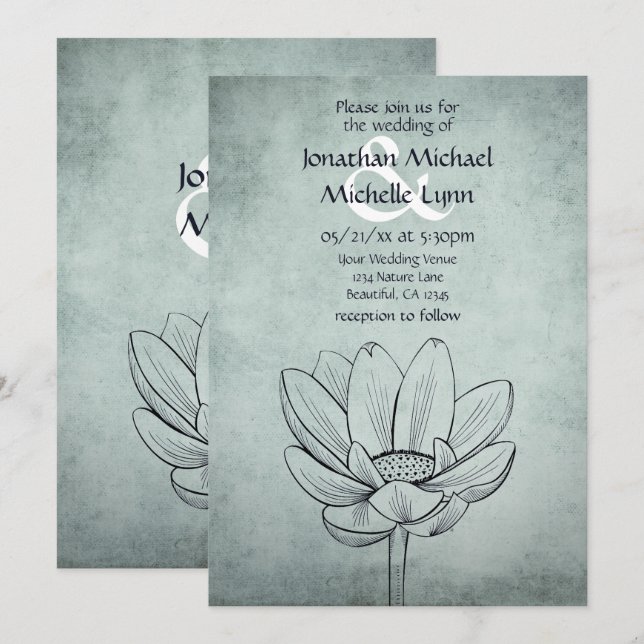 Invitación Boda Verde azulado simple de flores Lotus Dusty Az (Anverso / Reverso)