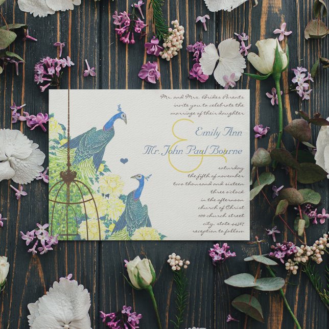Invitación Boda verde azulado y amarillo de pavo real (Subido por el creador)