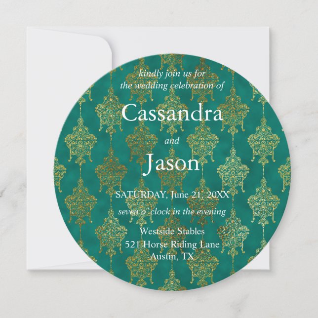 Invitación Boda verde azulado y de oro (Anverso)