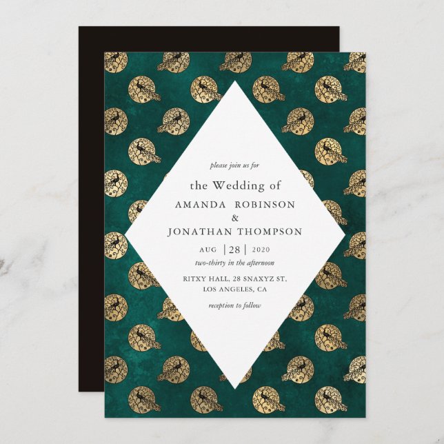 Invitación Boda Verde azulado y de pavo real de oro (Anverso / Reverso)