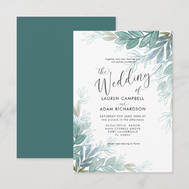Invitación Boda Verde azulado y verde sabio rústico (Anverso / Reverso)