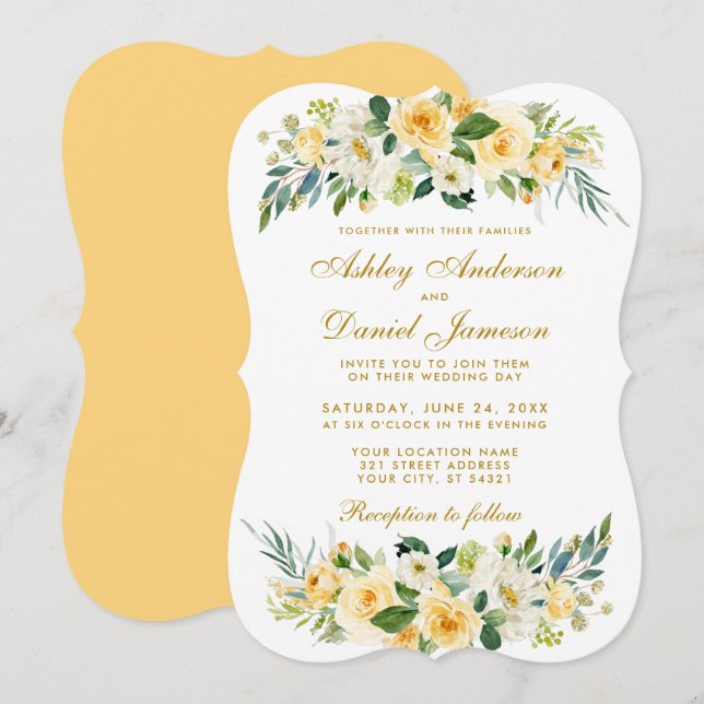 Invitación Boda verde blanco floral dorado amarillo (Anverso / Reverso)