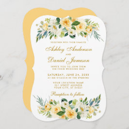 Invitación Boda verde blanco floral dorado amarillo