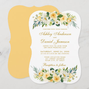 Invitación Boda verde blanco floral dorado amarillo