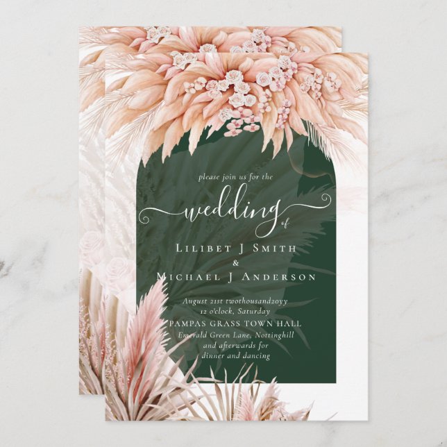Invitación Boda Verde Boho Coral Pampas (Anverso / Reverso)