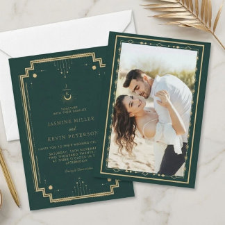 Invitación Boda Verde Bosque Luna Estrella Mística Celestial