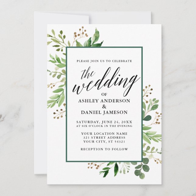 Invitación Boda verde botánico de acuarela enmarcado (Anverso)