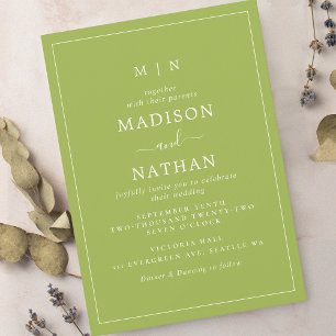 Invitación Boda verde brillante monograma minimalista