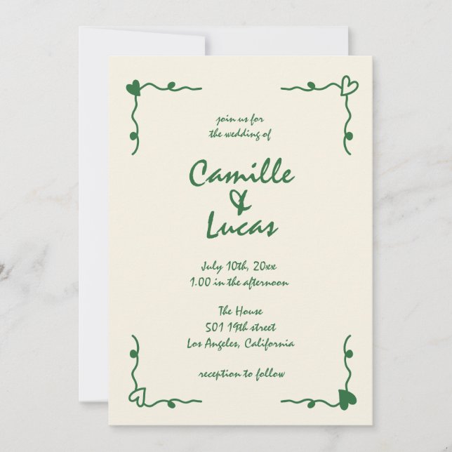 Invitación Boda verde caprichoso retro manuscrito (Anverso)