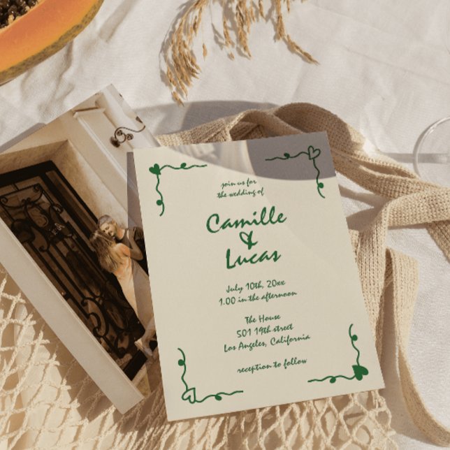 Invitación Boda verde caprichoso retro manuscrito (Subido por el creador)