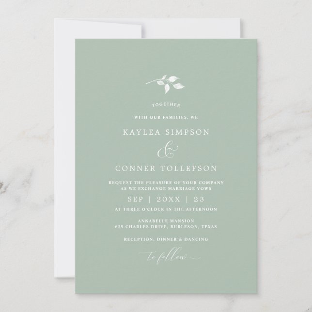 Invitación Boda verde claro elegante clásico simple (Anverso)