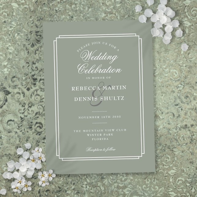 Invitación Boda verde clásico Art Deco Sage (Classic Art Deco Sage Green Wedding Invitation)