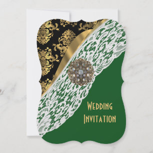 Invitación Boda verde con damasco de oro de encaje blanco