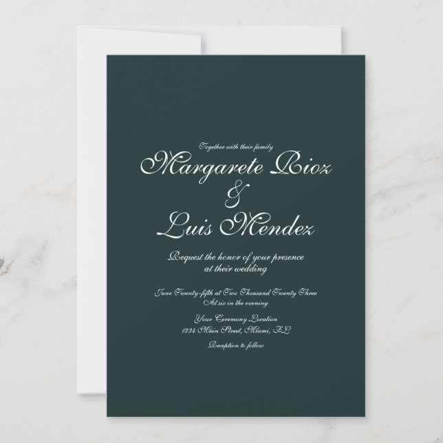 Invitación Boda verde con guión de caligrafía verde de esmera (Anverso)