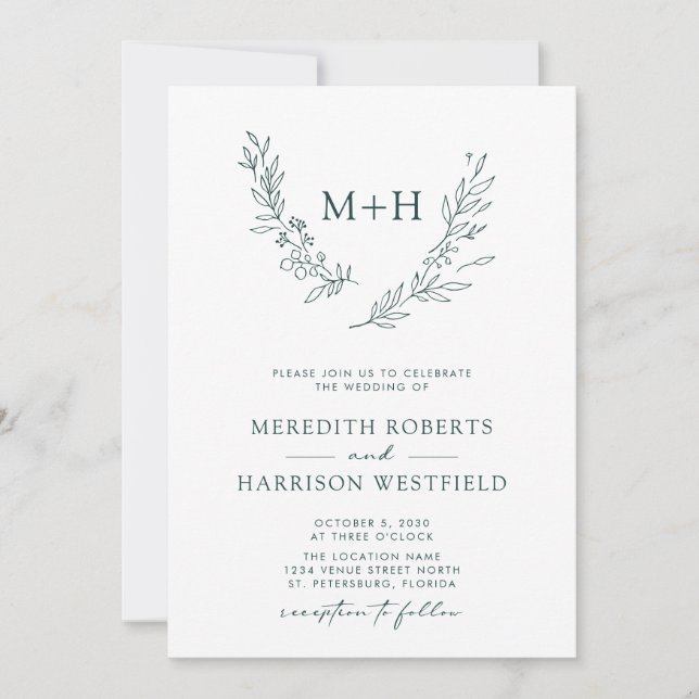 Invitación Boda verde de bosque de código QR de Wreath monogr (Anverso)