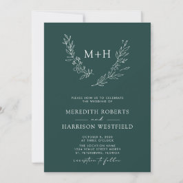 Invitación Boda verde de bosque de código QR de Wreath monogr