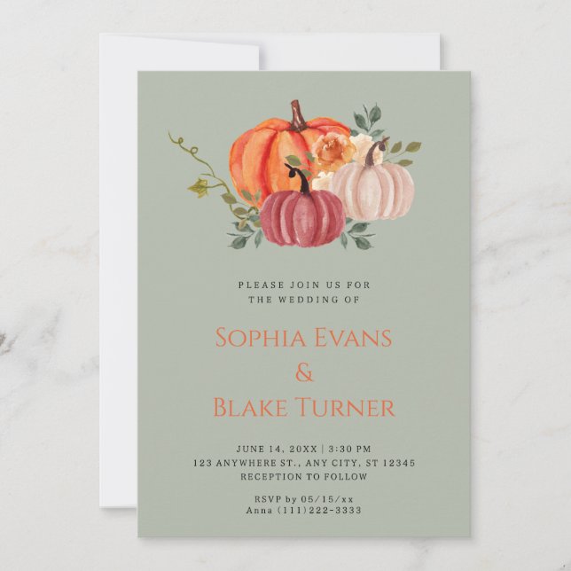 Invitación Boda verde de calabaza blanca y púrpura naranja (Anverso)