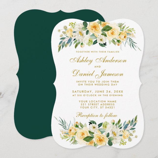 Invitación Boda Verde de caza blanca de oro amarillo floral (Anverso / Reverso)