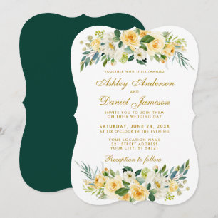 Invitación Boda Verde de caza blanca de oro amarillo floral