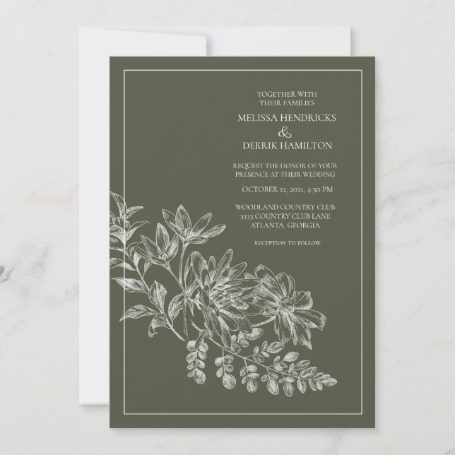 Invitación Boda verde de dibujo de línea (Anverso)