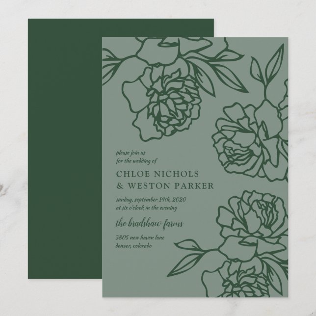 Invitación Boda verde de esmeralda moderna de los peonies con (Anverso / Reverso)