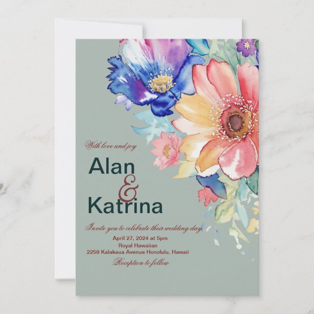 Invitación Boda Verde de Eucalipto Floral Intenso (Anverso)