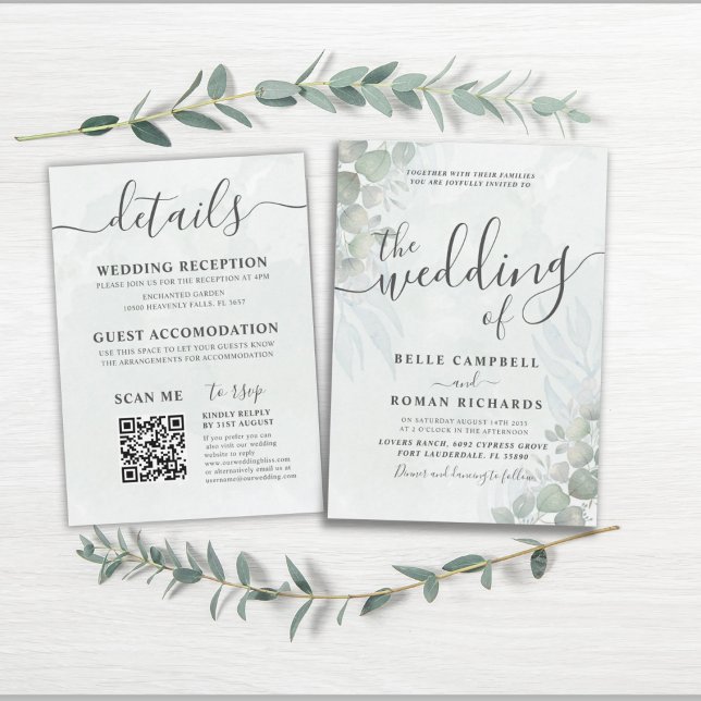 Invitación Boda Verde de Eucalyptus Sage todo en uno (Subido por el creador)