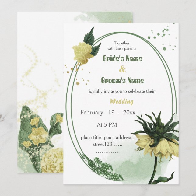 Invitación boda verde de flores amarillas (Anverso / Reverso)