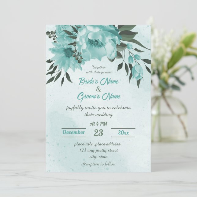Invitación boda verde de flores azules (Anverso de pie)