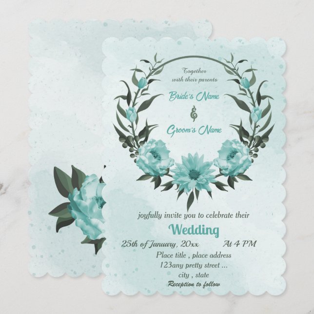 Invitación boda verde de flores azules (Anverso / Reverso)