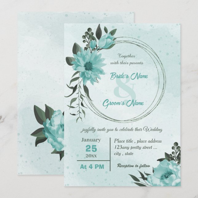 Invitación boda verde de flores azules (Anverso / Reverso)