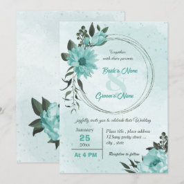 Invitación boda verde de flores azules