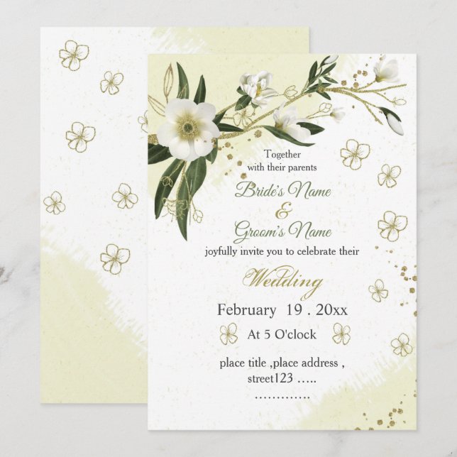 Invitación boda verde de flores blancas y doradas (Anverso / Reverso)