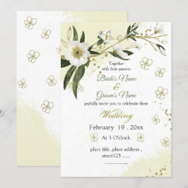 Invitación boda verde de flores blancas y doradas